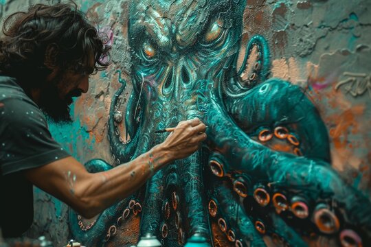 Street Artist Painting Vibrant Cthulhu Mural on Drab Urban Wall.