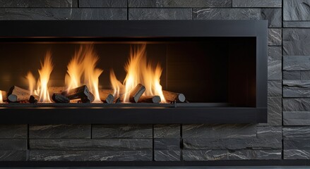 A detailed close-up of a modern fireplace, with smooth, dark stone tiles and a linear flame casting a cozy, inviting light.

