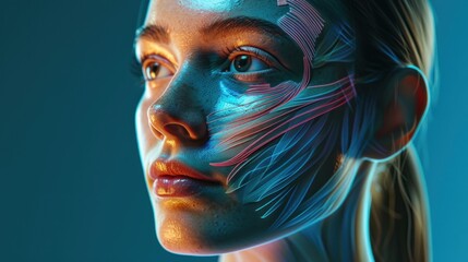 Obraz premium Young woman with half face and holographic subcutaneous muscle structure 3D medical concept concept