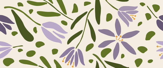 Flat seamless background. Minimalistic abstract floral pattern. Print of flowers and leaves on a light background. Ideal for textile design, screensavers, covers, cards, invitations and posters...