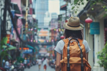 Female Tourist Exploring Bangkok Streets with Backpack and Hat