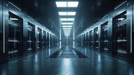 Fototapeta premium Modern high-tech data center with rows of advanced servers and bright lighting