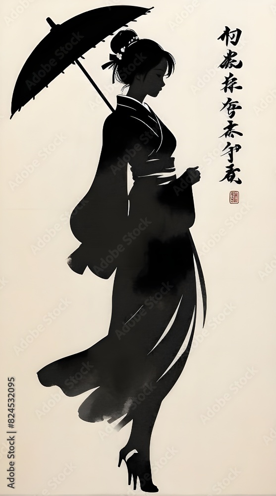 Wall mural illustration of a girl in a black dress