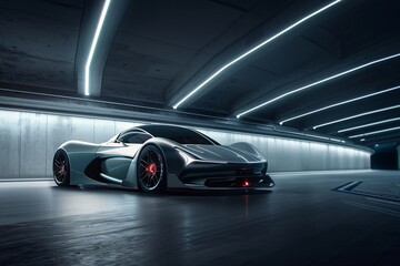 a silver sports car in a garage - Powered by Adobe