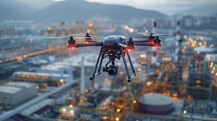 Industrial Innovation A drone capturing aerial footage of an industrial facility, illustrating modern surveillance and monitoring techniques. Realistic Photo,