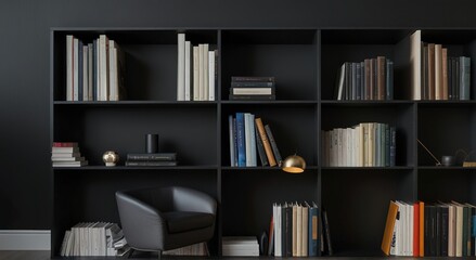 A high-definition image of a sleek, built-in bookshelf, showcasing rows of color-coordinated books and minimalist decor items against a matte black background.

