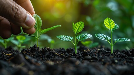 A hand planting a seedling next to a growing bar chart, symbolizing nurturing growth. stock photo