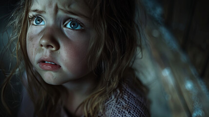 Portrait of a little frightened girl who suffers from violence and aggression. June 4 is the International Day of Innocent Children-Victims of Aggression. July 30-World Day Against Human Trafficking.