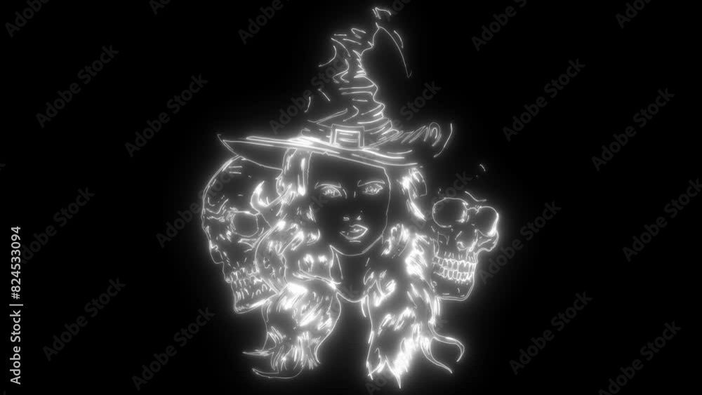 Sticker white silhouette of Dead witch with two sugar skulls on black background