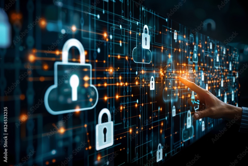 Poster hand interacting with secure cloud hologram, digital network background, advanced cybersecurity and 