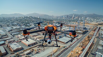 Industrial Innovation A drone surveying a construction site, illustrating the integration of cutting-edge technology in industrial work. Realistic Photo,