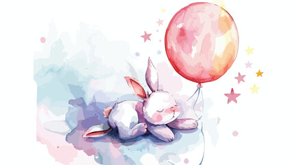 Watercolor Illustration Baby Rabbit sleeps on balloon