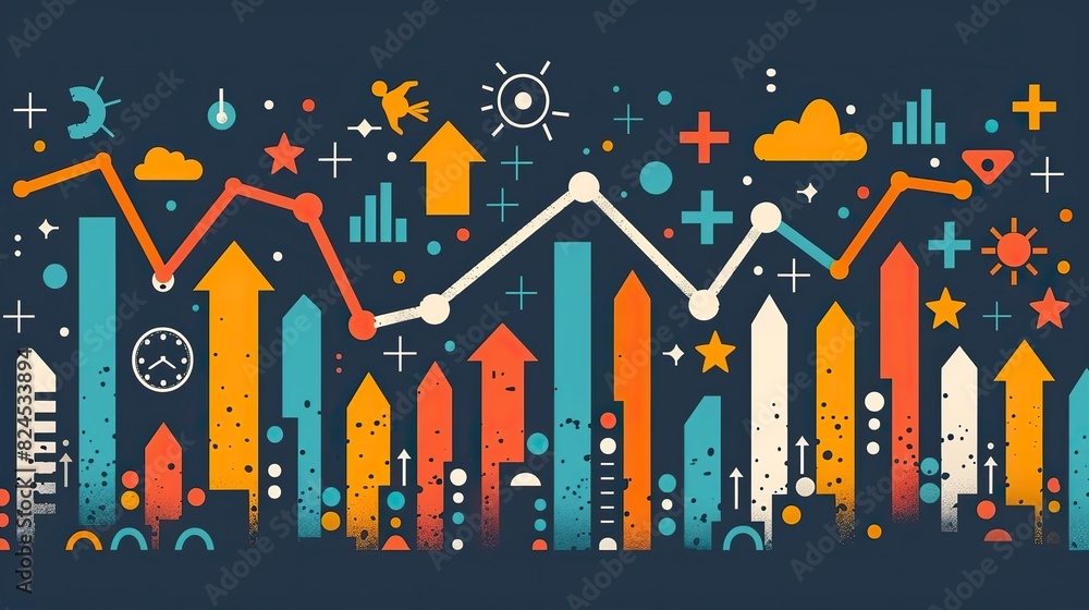 Poster a line graph with multiple upward trends and arrows, representing diverse growth areas. stock image