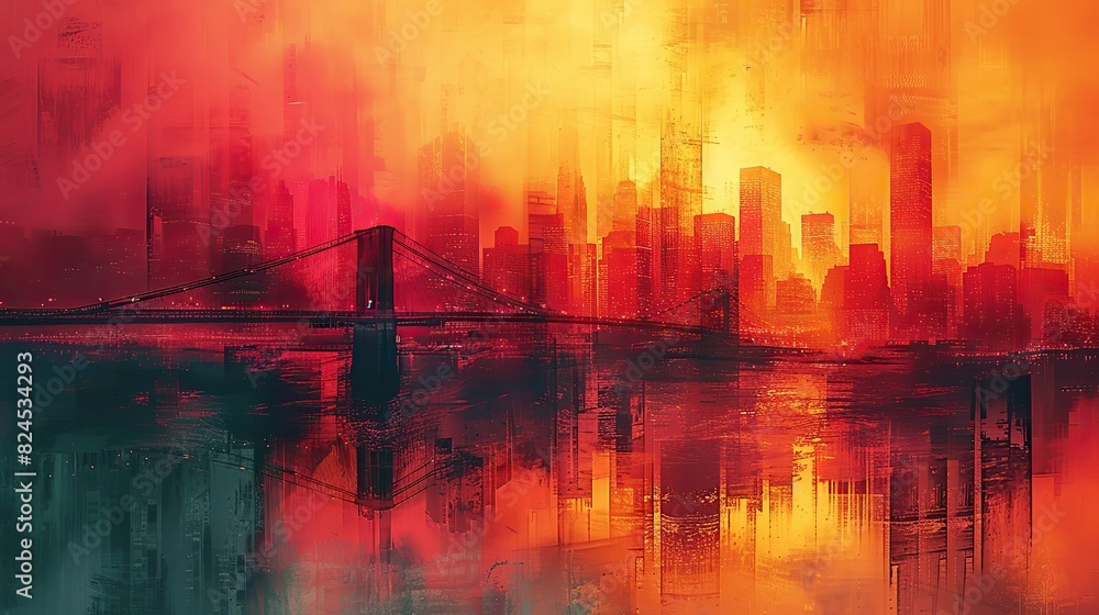 Poster a painting of a bridge with a rising bar graph in the background, symbolizing building pathways to g