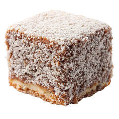 A piece of cake with powdered sugar on transparent background
