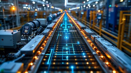 Industrial Innovation A factory with IoT sensors and data analytics displays, emphasizing the role of smart technology in industrial efficiency. Realistic Photo,