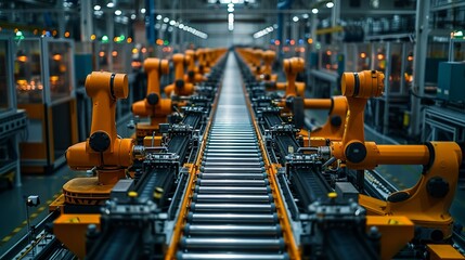 Fototapeta premium Industrial Innovation A factory using automated guided vehicles (AGVs), highlighting the role of AGVs in modern manufacturing logistics. Realistic Photo,