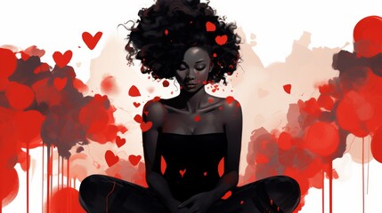 Inner Peace and Self-Love: Abstract Illustration of a Black African American Woman Meditating for Mindfulness and Wellbeing