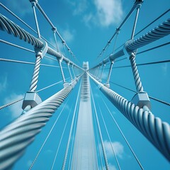 Fototapeta premium Zoomed-in shot of cables and suspension system of a cable-stayed bridge, showcasing the tension and support structure Scene