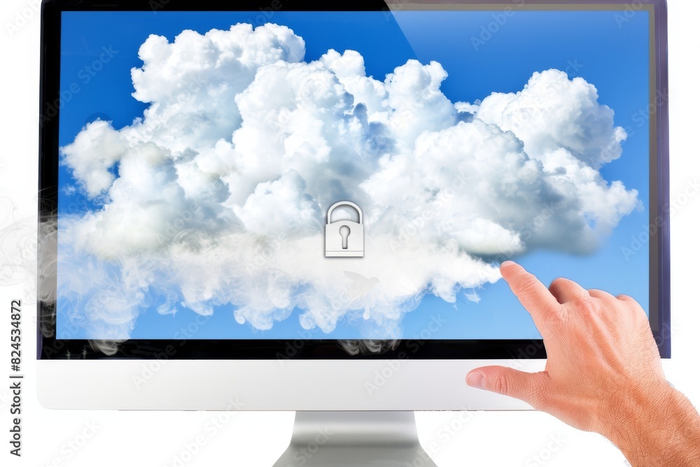 Poster cloud security on computer screen with hand interaction, concept of digital safety and data protecti