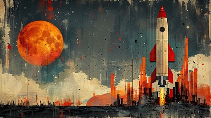 A painting of a rocket ship launching next to a rising bar chart, symbolizing high ambitions. stock image