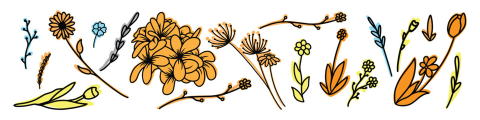 floral decorated with gorgeous multicolored blooming flowers and leaves border. Spring botanical flat vector illustration 