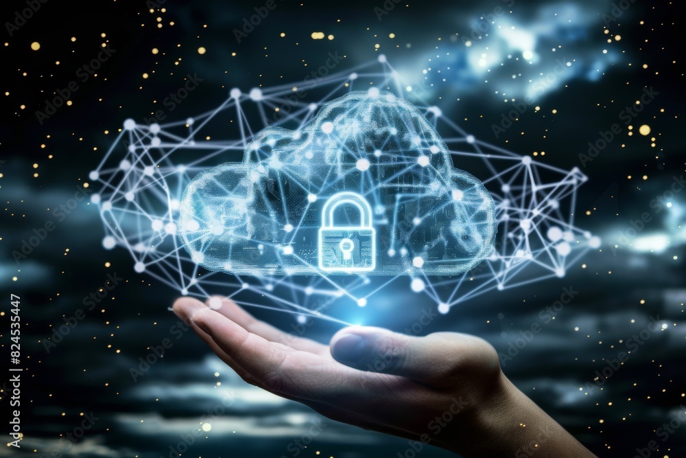 Aufkleber hand presenting secure digital network with glowing nodes, futuristic tech concept, data safety and 