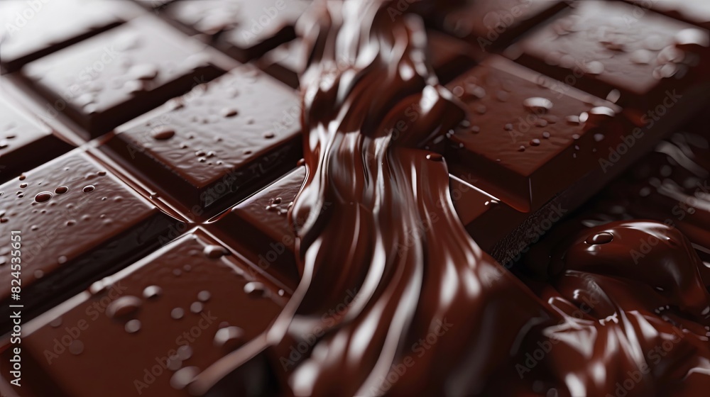 Poster A detailed close-up of a dark chocolate bar with visible break lines and a smooth, even surface on a table. Generative AI
