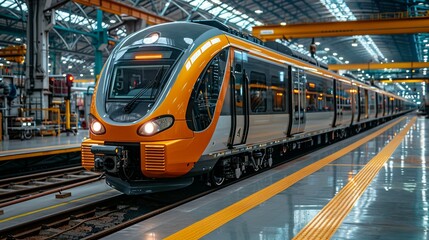Industrial Innovation A high-speed train being manufactured, highlighting innovation in transportation technology. Realistic Photo,