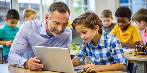 group of students using laptop teaching by teacher.