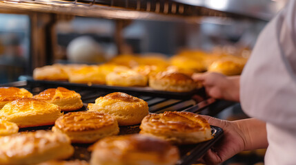 Against the backdrop of a bustling bakery kitchen, a close-up shot focuses on a woman baker delicately removing a tray of golden-brown pastries from the oven