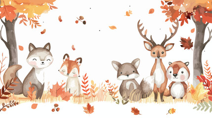 Watercolor Illustration cute autumn animals and falli
