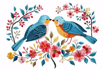 two birds kissing on a branch with flowers