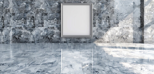 Sleek gallery with a 3D empty frame set against a dramatic Oyster Grey marble floor.
