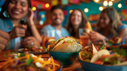 Several women sitting around table with food and drinks