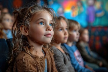 Fototapeta premium Children looking up at movies in the cinema