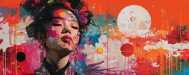 Capture the clash of globalized pop culture and local traditions through a dynamic composition Show the influence on identities in a thought-provoking way