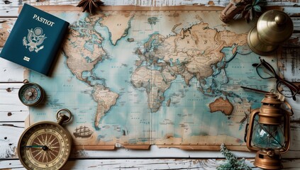 Items For Summer Holidays: A Camera, Sunglasses, Cash, A Straw Hat, A Map And A Travel Plan. Tourist layout-set and accessories of the Traveler, On a wooden background.
