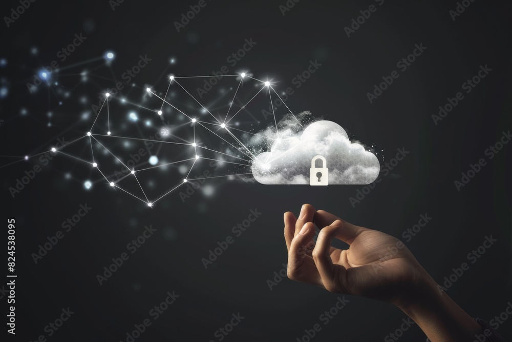 Aufkleber secure digital network with glowing nodes, hand interaction, concept of cybersecurity and data prote