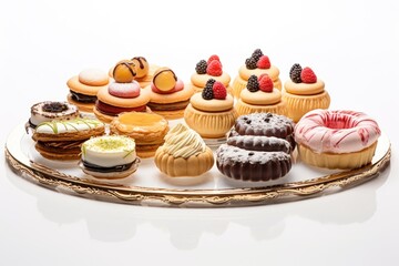 Fototapeta premium French pastries elegantly arranged in a patisserie display. White background.
