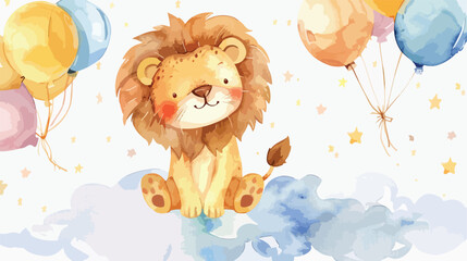 Watercolor illustration Cute baby lion and balloons 
