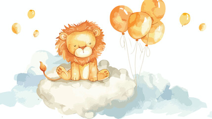 Watercolor illustration Cute baby lion and balloons 