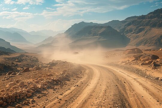 Panoramic photo of the desert landscape with mountains, epic scene, dusty road and rocks, cinematic