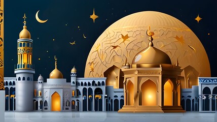 golden mosque and Islamic lamp design background for Eid Mubarak Banner