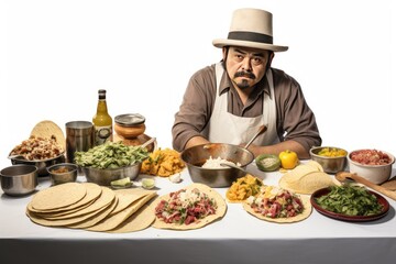 A street vendor handcrafting tacos in Mexico City. White background.