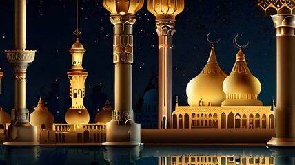 golden mosque and Islamic lamp design background for Eid Mubarak Banner
