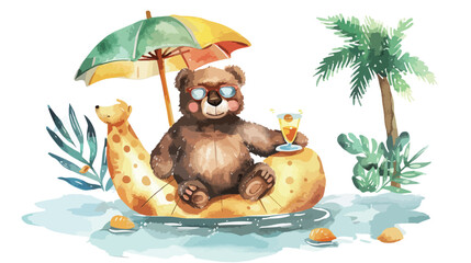 Watercolor illustration cute bear enjoy summer holiday