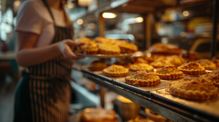 Obraz premium A woman looking at pies in a display case