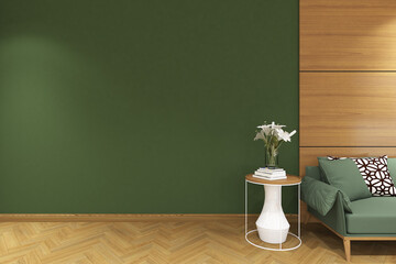 3d render illustration of scandinavian living room . Green wall background 4