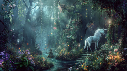 Unicorn in a forest with flowers and the horse